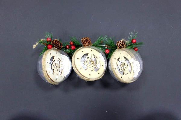 Набор шаров 8 см 3 шт прозрачные с декором из дерева, веток 9918118