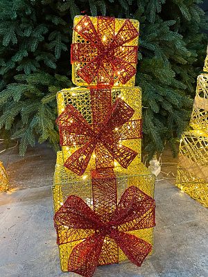 Светодиодные фигуры Подарки золото 25х25/20х20/15х15 см проволока Р-1194 Светодиодные фигуры Подарки золото 25х25/20х20/15х15 см проволока Р-1194