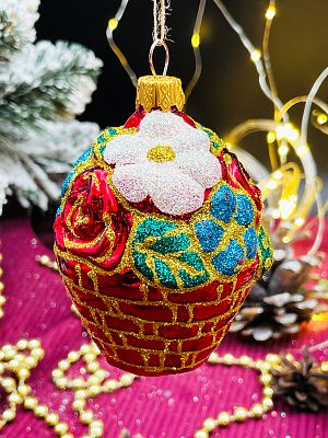 Елочная игрушка Корзина с цветами красный 8 см, стекло  // корзина с цветами RED