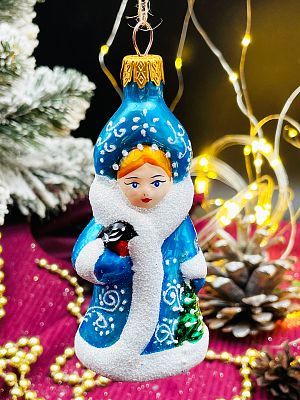 Елочная игрушка Снегурочка синий  см, стекло  // снегурочка со снегирем BLUE