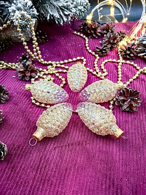 Елочные игрушки Шишки 5 шт прозрачный/золото 7 см, стекло  // шишки GOLD/TRTx5