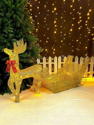 Светодиодная фигура Олень с санями золото 60х90 см см проволока Р-604 Светодиодная фигура Олень с санями золото 60х90 см см проволока Р-604