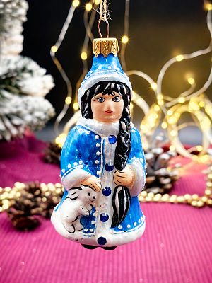 Елочная игрушка Cнегурочка синий 9 см, стекло  // снегурочка с зайцем BLUE