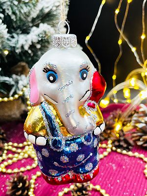 Елочная игрушка Слоник большой серебристый 11 см, стекло  // Слоник большой