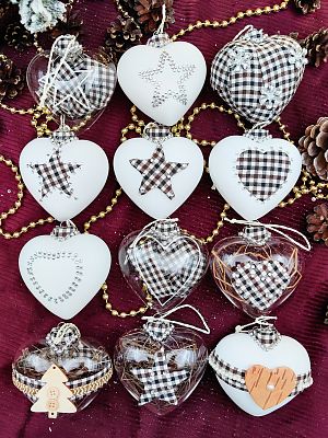 Набор елочных украшений 12 шт. белый/клетка 8 см, стекло  2015-0048
