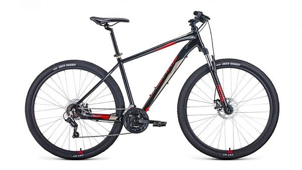Велосипед горный FORWARD APACHE 29 2.2 disc 29" 17" 21 ск. черный-красный RBKW1M39G002 2021
