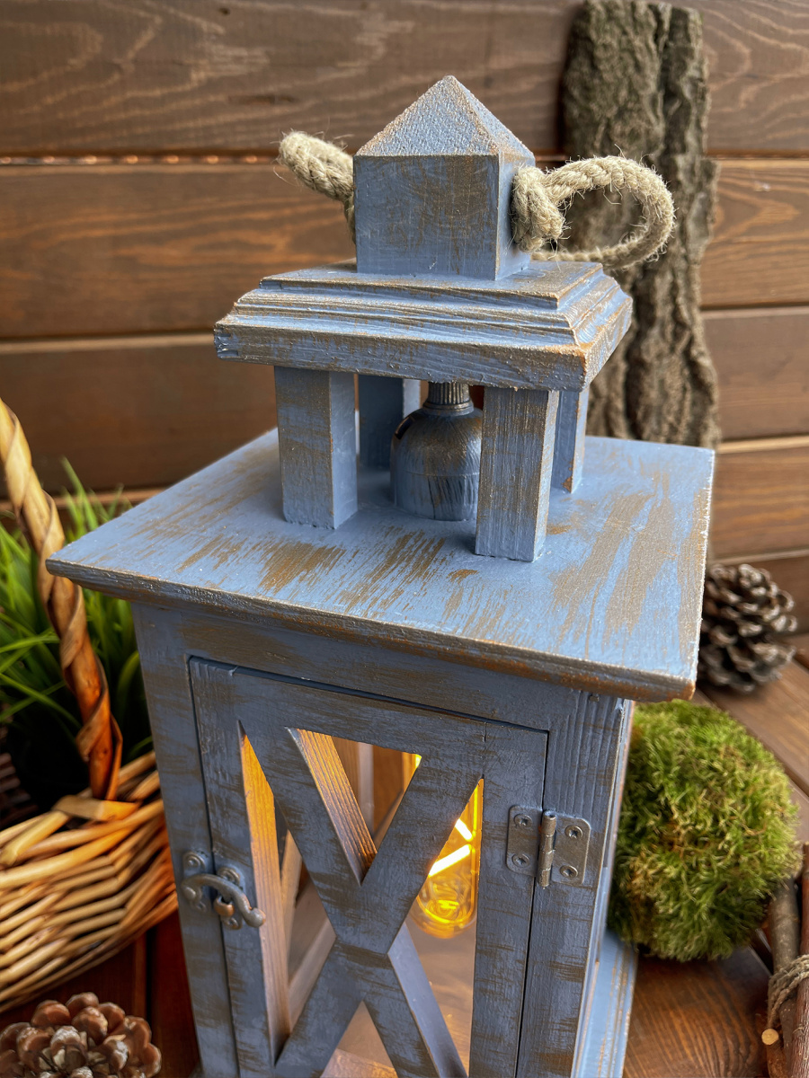 Фонарь декоративный деревянный небесно-голубой V-21Ночное притяжение фото 3 Фонарь декоративный деревянный небесно-голубой V-21Ночное притяжение фото 3