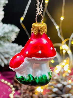 Елочная игрушка Грибочек красный 5 см, стекло  // Грибочек