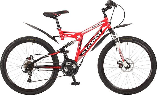 Велосипед горный двухподвес Stinger Highlander 100D 26" 18" 18 ск. красный 26SFD.HILAND1D.18RD7 