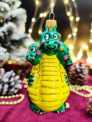 Елочная игрушка Дракон 3 зеленый 11 см, стекло  // дракон 3 