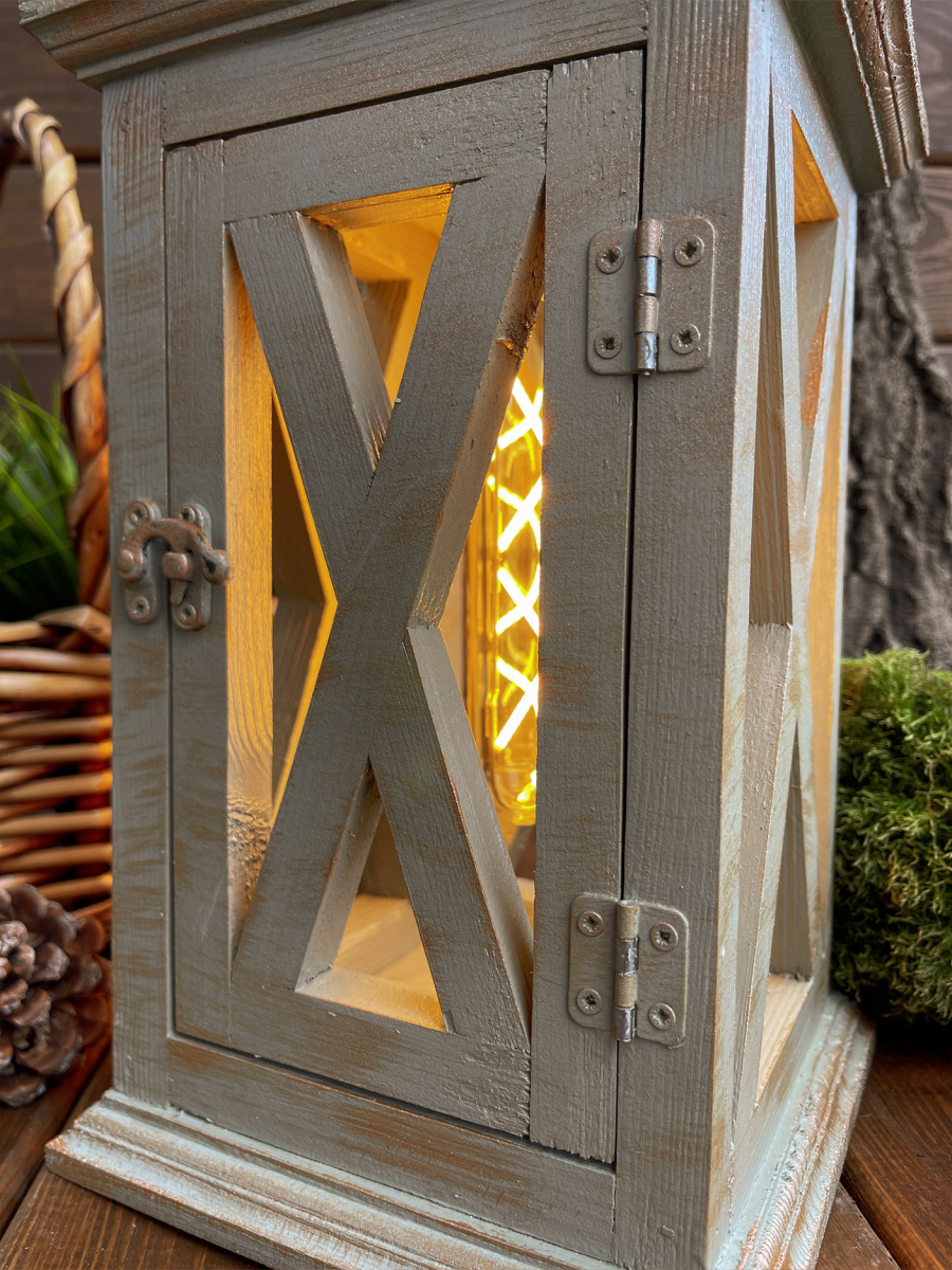 Фонарь декоративный деревянный светло-серый V-23Осенний шалфей фото 2 Фонарь декоративный деревянный светло-серый V-23Осенний шалфей фото 2