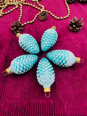 Елочные игрушки Шишки 5 шт голубой/бирюзовый глянцевый 7 см, стекло  // шишки BLUE Gx5