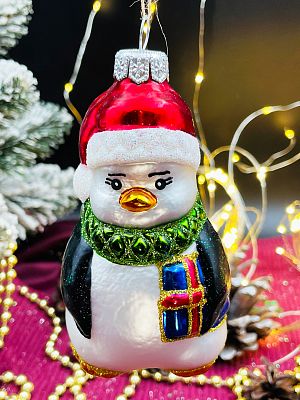 Елочная игрушка Пингвин большой серебристый/черный 12 см, стекло  // Пингвин большой