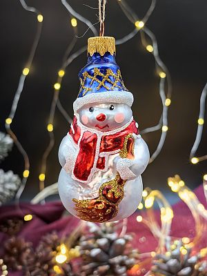 Елочная игрушка Снеговик серебристый 9 см, стекло  // снеговик в кр. шарфе