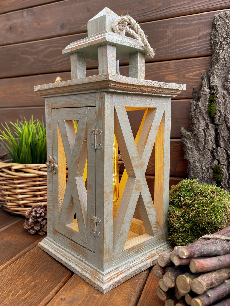 Фонарь декоративный деревянный светло-серый V-23Осенний шалфей фото 5 Фонарь декоративный деревянный светло-серый V-23Осенний шалфей фото 5