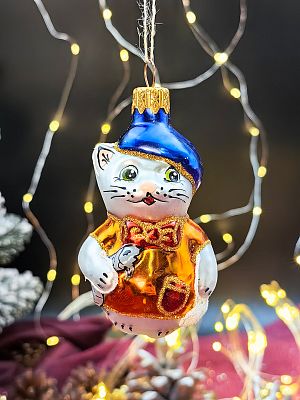 Елочная игрушка Котик с рыбкой серебристый 8 см, стекло Елочные Сказки // котик с рыбкой