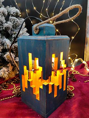 Фонарь декоративный деревянный  лазурный V-14