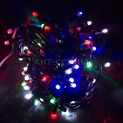 Светодиодная гирлянда нить 10 м м, МИКС 100 LED пост. свеч., статичный с FLASH эффектом, провод черн