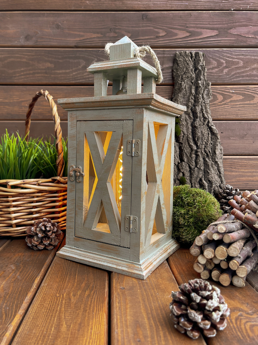 Фонарь декоративный деревянный светло-серый V-23Осенний шалфей Фонарь декоративный деревянный светло-серый V-23Осенний шалфей