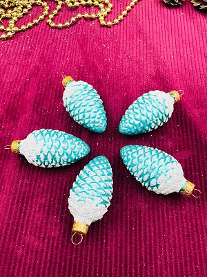 Елочные игрушки Шишки 5 шт голубой/бирюзовый матовый 7 см, стекло  // шишки BLUE Mx5