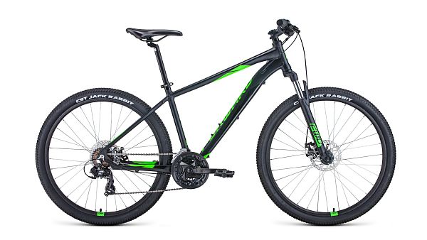 Велосипед горный FORWARD APACHE 2.0 disc 27.5" 17" 21 скорость (3x7) ск. черный матовый/ярко-зеленый