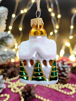 Елочная игрушка Домик белый/зеленый 7 см, стекло  // домик