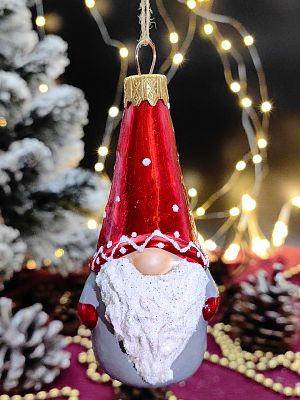 Елочная игрушка Гном в горошек Красный/серый 8 см, стекло  // гном в горошек