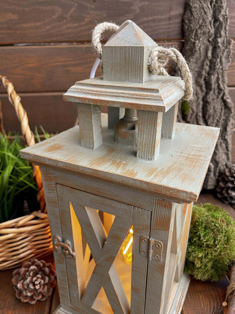 Фонарь декоративный деревянный светло-серый V-23Осенний шалфей фото 3 Фонарь декоративный деревянный светло-серый V-23Осенний шалфей фото 3