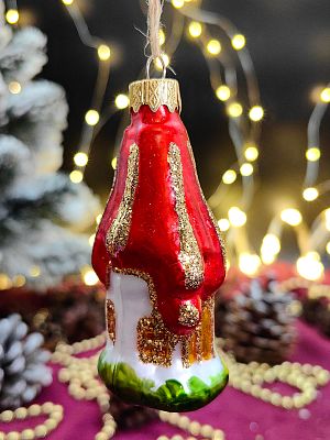 Елочная игрушка Дом высокий красный 9 см, стекло  // дом высокий