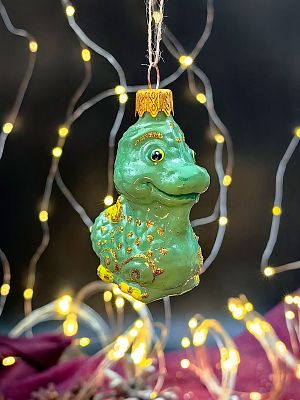 Елочная игрушка Дракон в скорлупе зеленый 6 см, стекло Елочные Сказки // дракончик