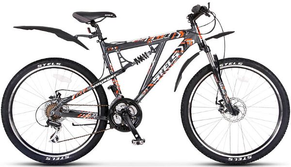 Велосипед горный двухподвес  STELS Voyager MD 26" 19" Т.серый/оранжевый/белый LU064725 2020