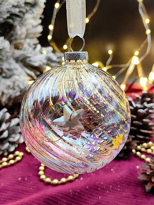 Шар прозрачный с переливом и декором 8 см, стекло Merry Green MG24109